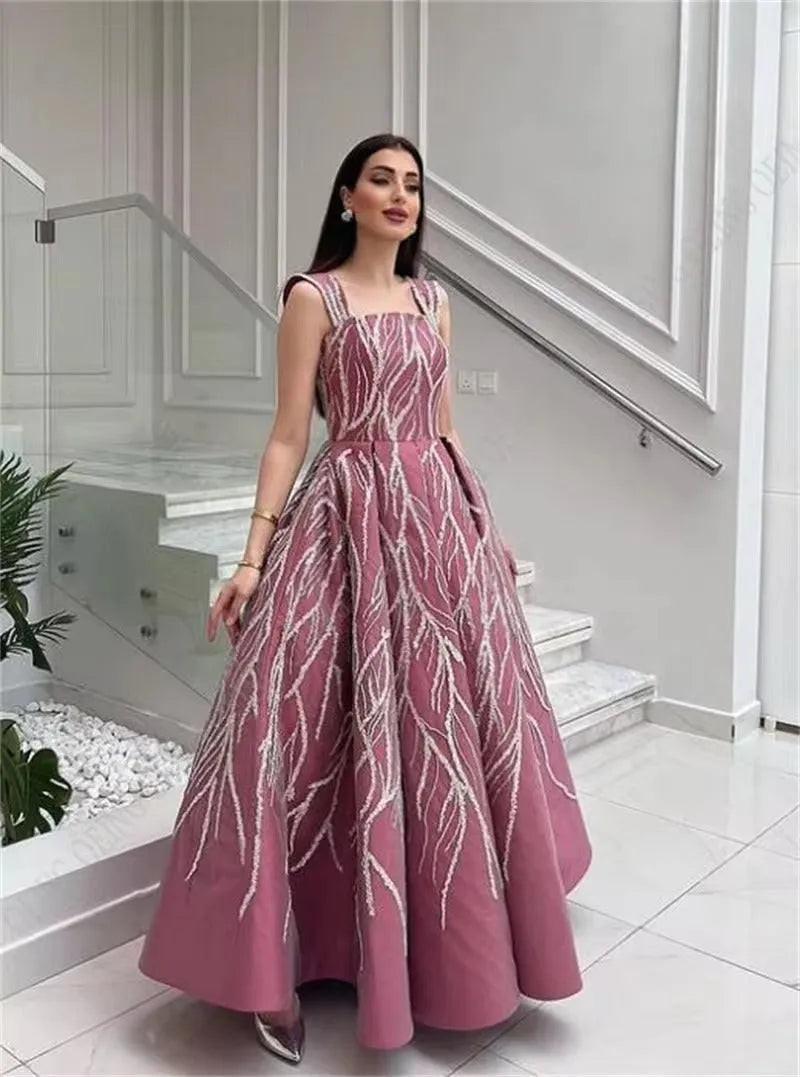 Modest Saudi Arabic Evening Dresses Spaghetti Strap A-Line Prom Dresses Ankle Length Appliques Vestidos De Gala