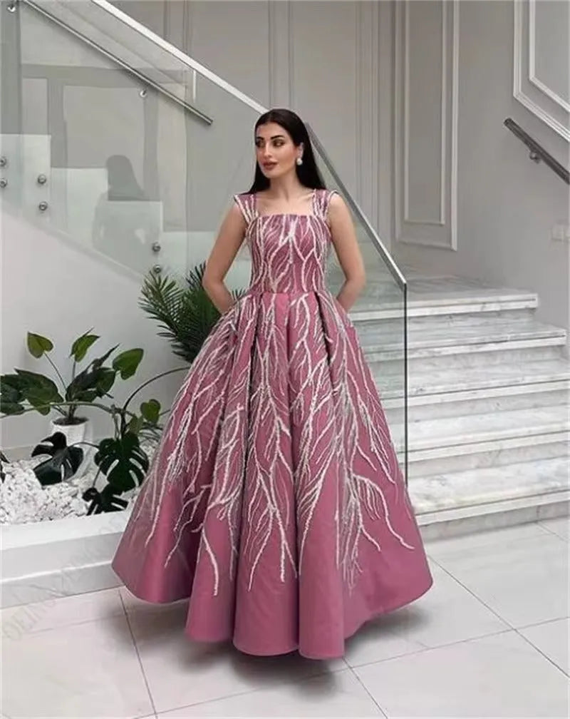 Modest Saudi Arabic Evening Dresses Spaghetti Strap A-Line Prom Dresses Ankle Length Appliques Vestidos De Gala