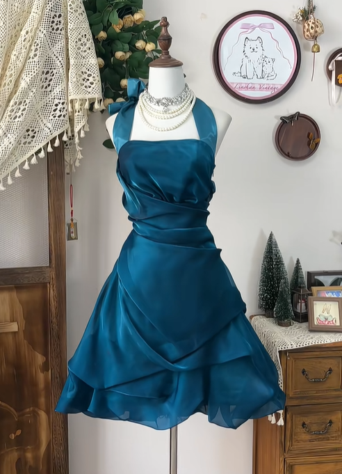 Unique Peacock Blue Halter Pleated A Line Homecoming Dress Mini Cocktail Dress