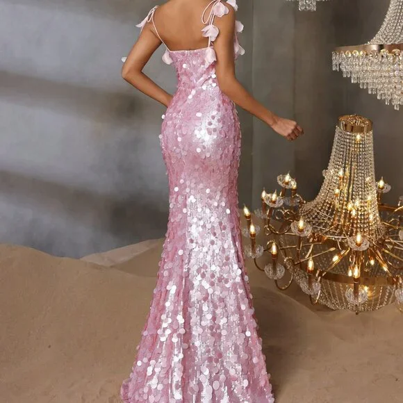 Sparkly Spaghetti Straps Pink Sequin Mermaid Slit Evening Dress Long Birthday Party Dress