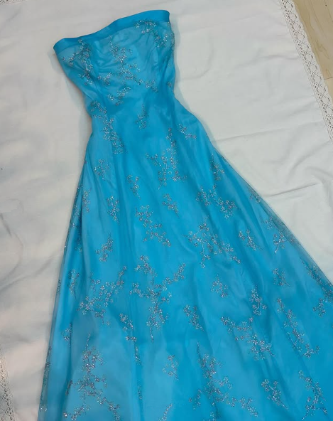 Chic Strapless Blue A Line Tulle Sequins Party Dress,Formal Prom Evening Dress