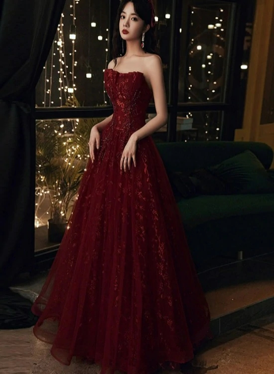 Wine Red Floral Lace and Tulle Long Evening Gown Party Dress Burgundy Formal Dresses Y1661 - View 4 | VelvetHem