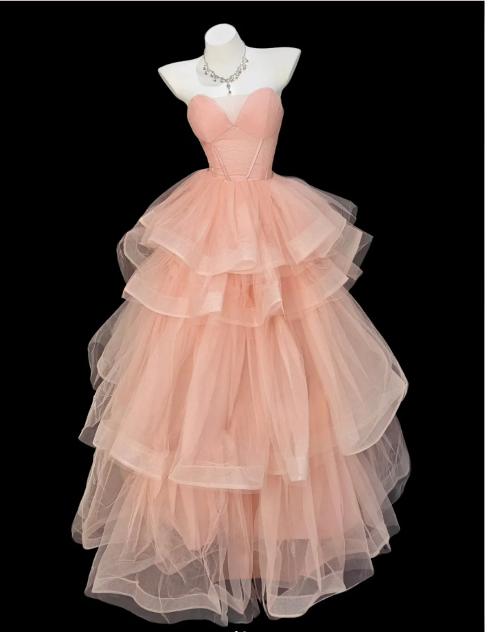 Elegant Strapless Pink Tulle Pleated Layered Long Party Dress Princess Birthday Dress - FashionDia