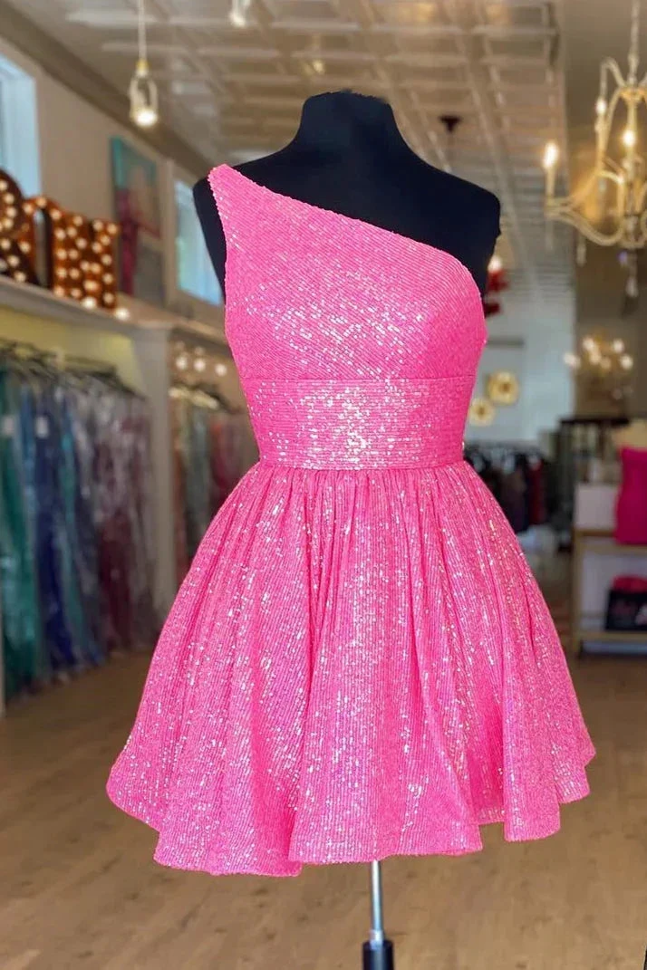 Hot Pink One Shoulder A Line Short Homecoming Dress Sequins (ZD12408)