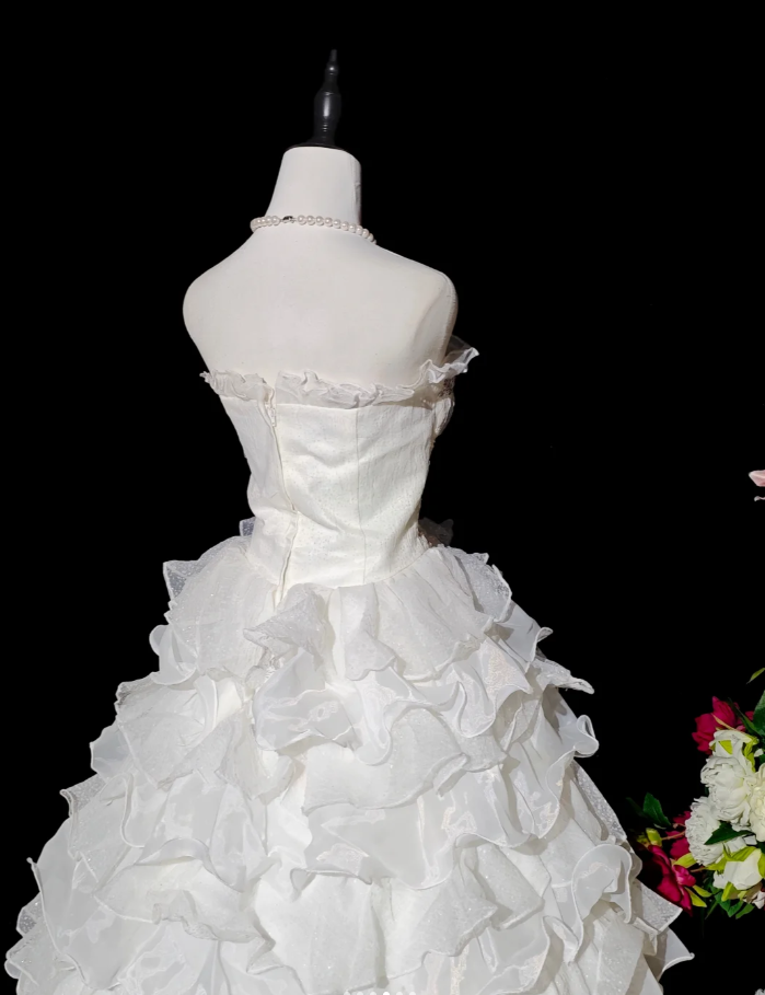 Glamorous Strapless Beaded White Chiffon Ruffles Layered Long Wedding Dress Formal Bridal Gowns - View 4 | FashionDia