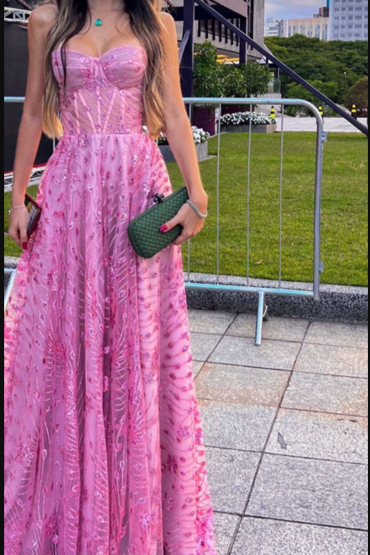 Unique Pink A Line Party Gown Strapless Prom Evening Dress