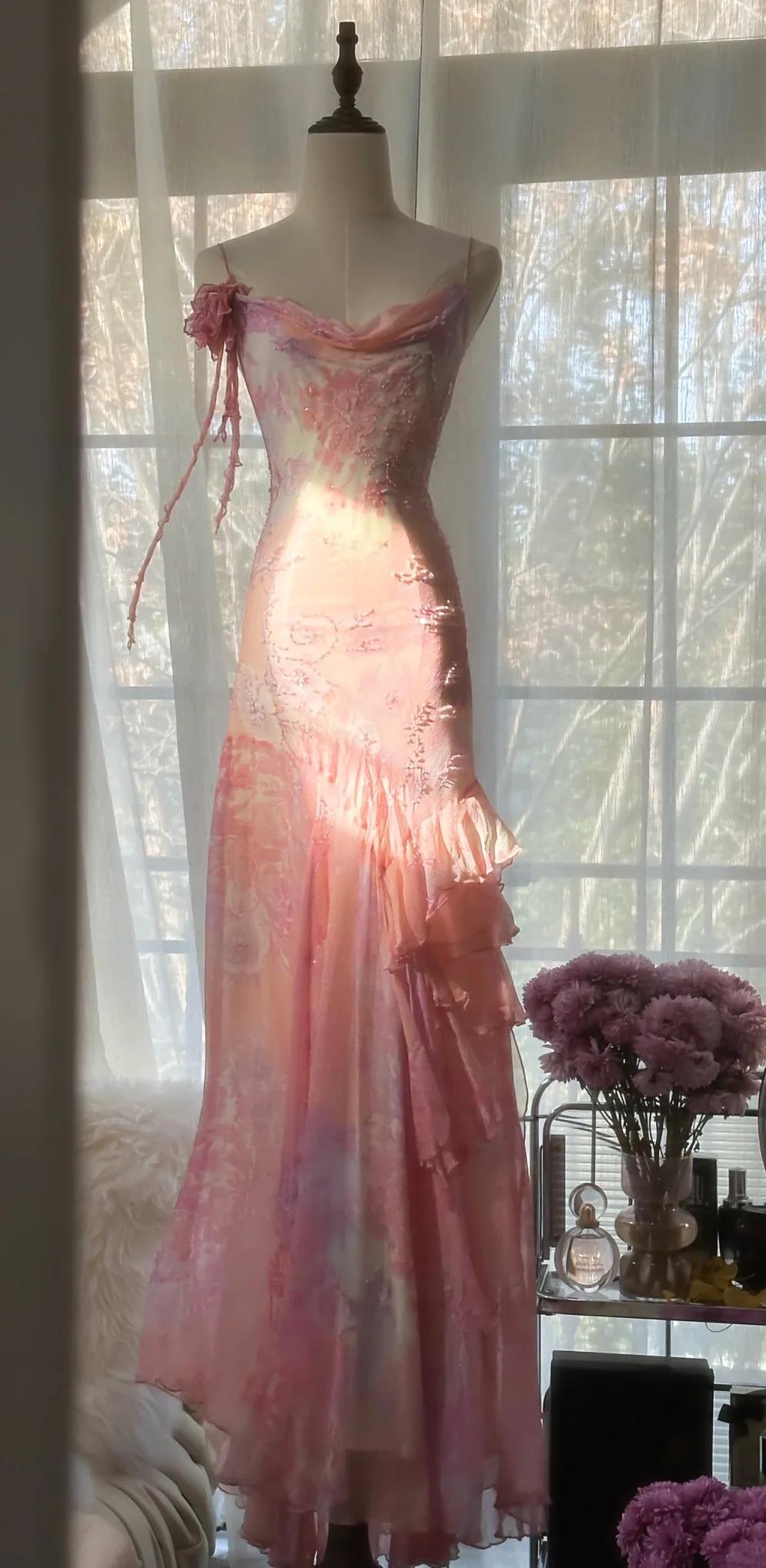 Classy Pink Spaghetti Straps Chiffon Beaded evening Dress Long Mermaid Birthday Party Dress - FashionDia