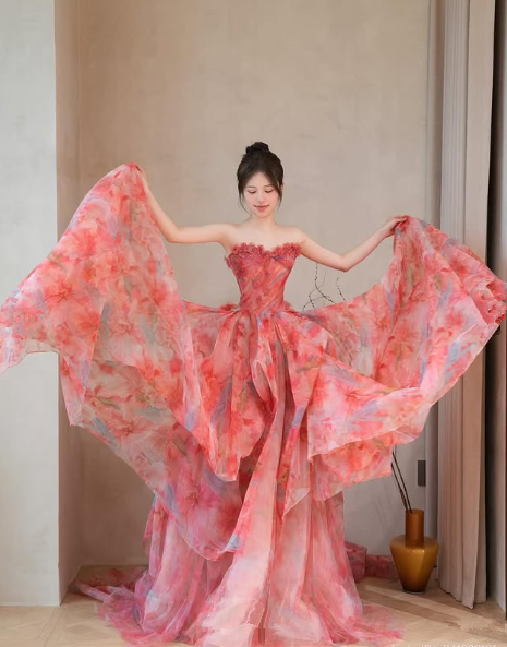 Pretty Strapless Tulle Print Floral A Line Wedding Dress,Formal Prom Evening Dress