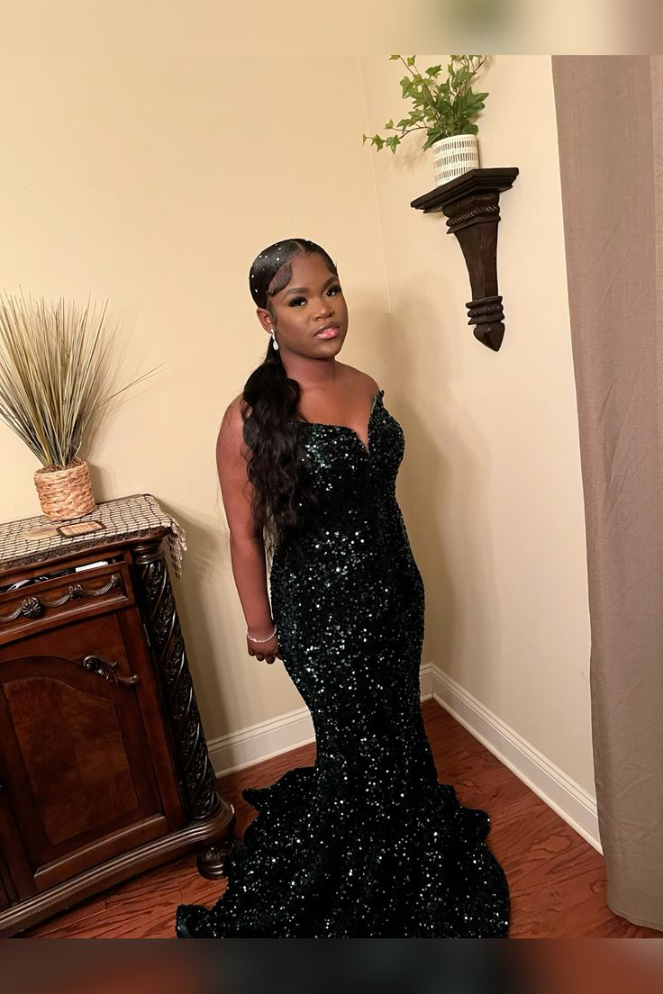 Mermaid Dark Green Sequins Long Prom Dresses