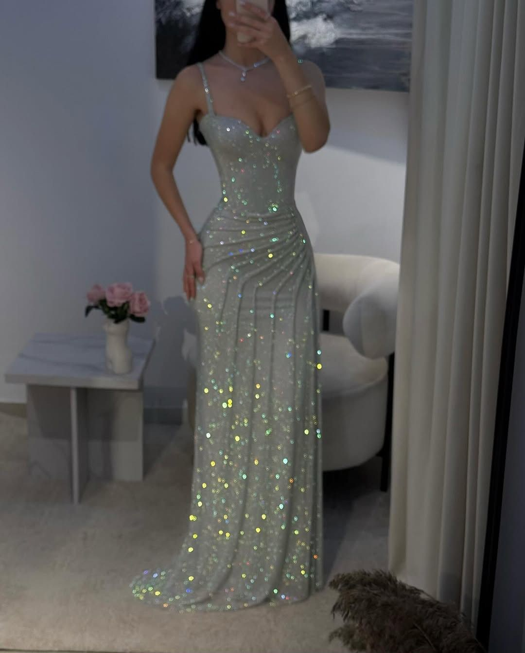 Gorgeous Spaghetti Straps Silver Sequin Side Slit Long Prom Dress Evening Dress