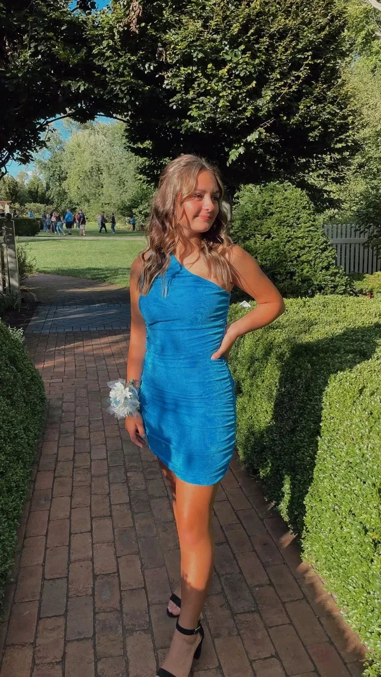Blue One Shoulder Bodycon Dress Tight Homecoming Dress (ZD11754)