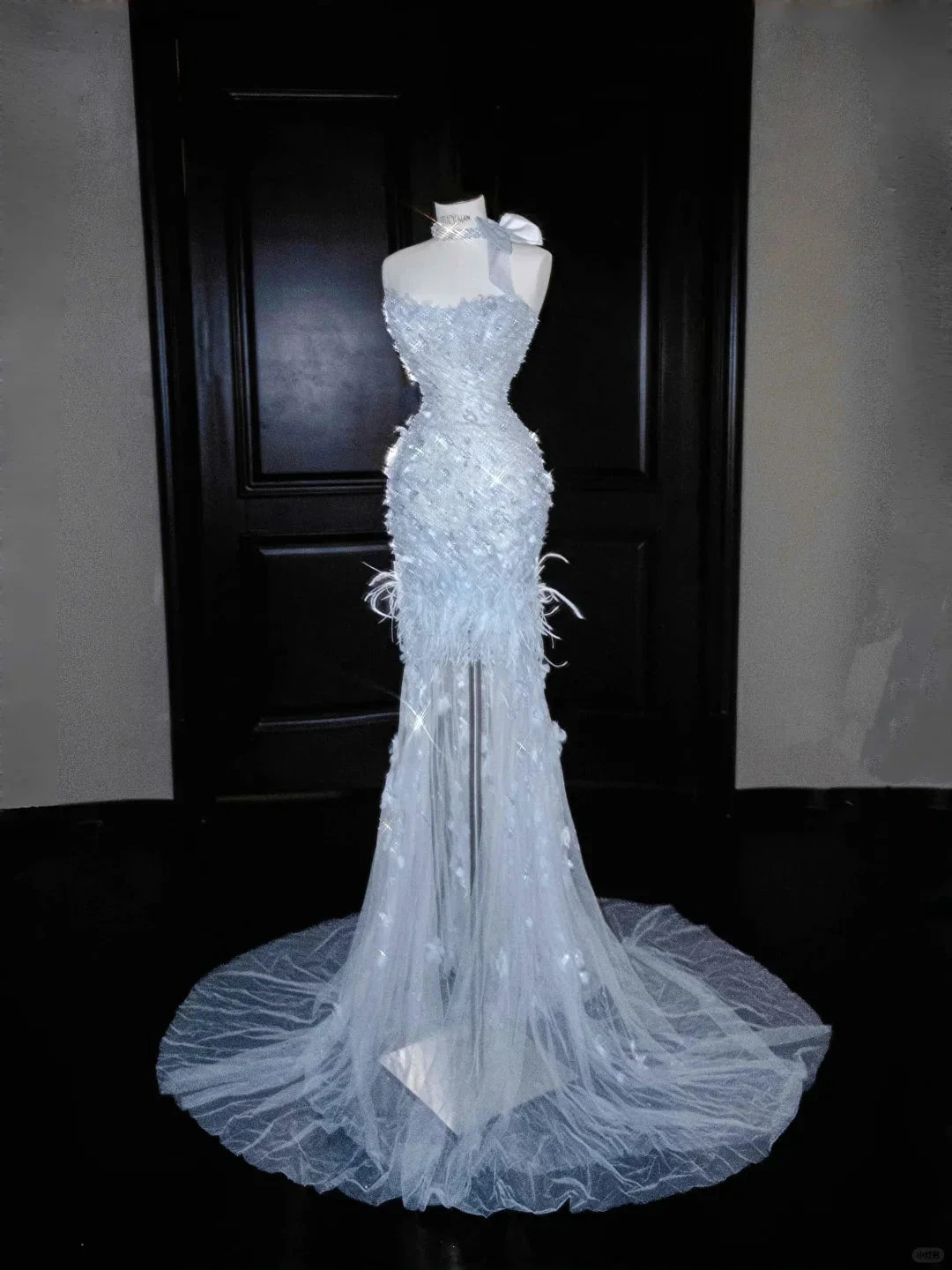 Dream Blue Tulle Beaded Appliques Long Prom Dress,Slit Mermaid Evening Dress Wedding Dress Y8668 by simplepromdress
