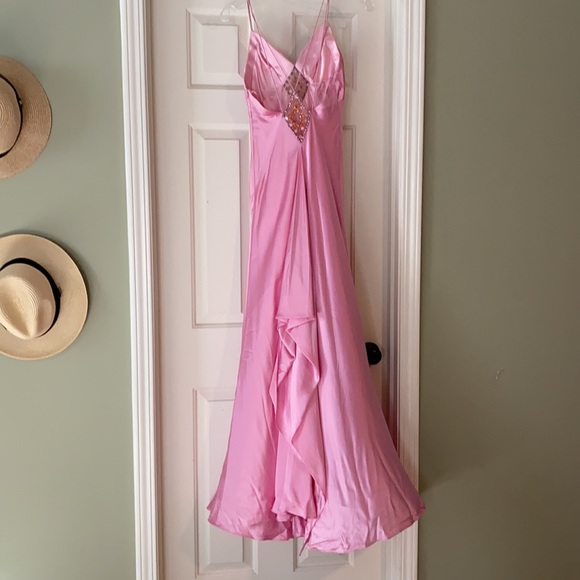 Gorgeous Pink Spaghetti Straps Satin Beaded Evening Dress Long Prom Dress Y8216 - View 5 | VelvetHem