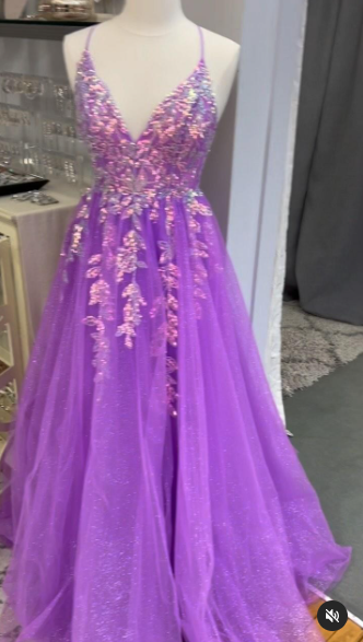 Purple V Neck Tulle Lace Appliques Long Prom Dress High Slit Evening Dress Y7847 - View 3 | VelvetHem
