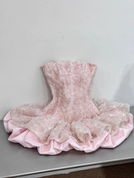 Cute Pink Strapless Lace Satin A-Line Short Homecoming Dress 21st Birthday Party Dress - View 3 | FashionDia
