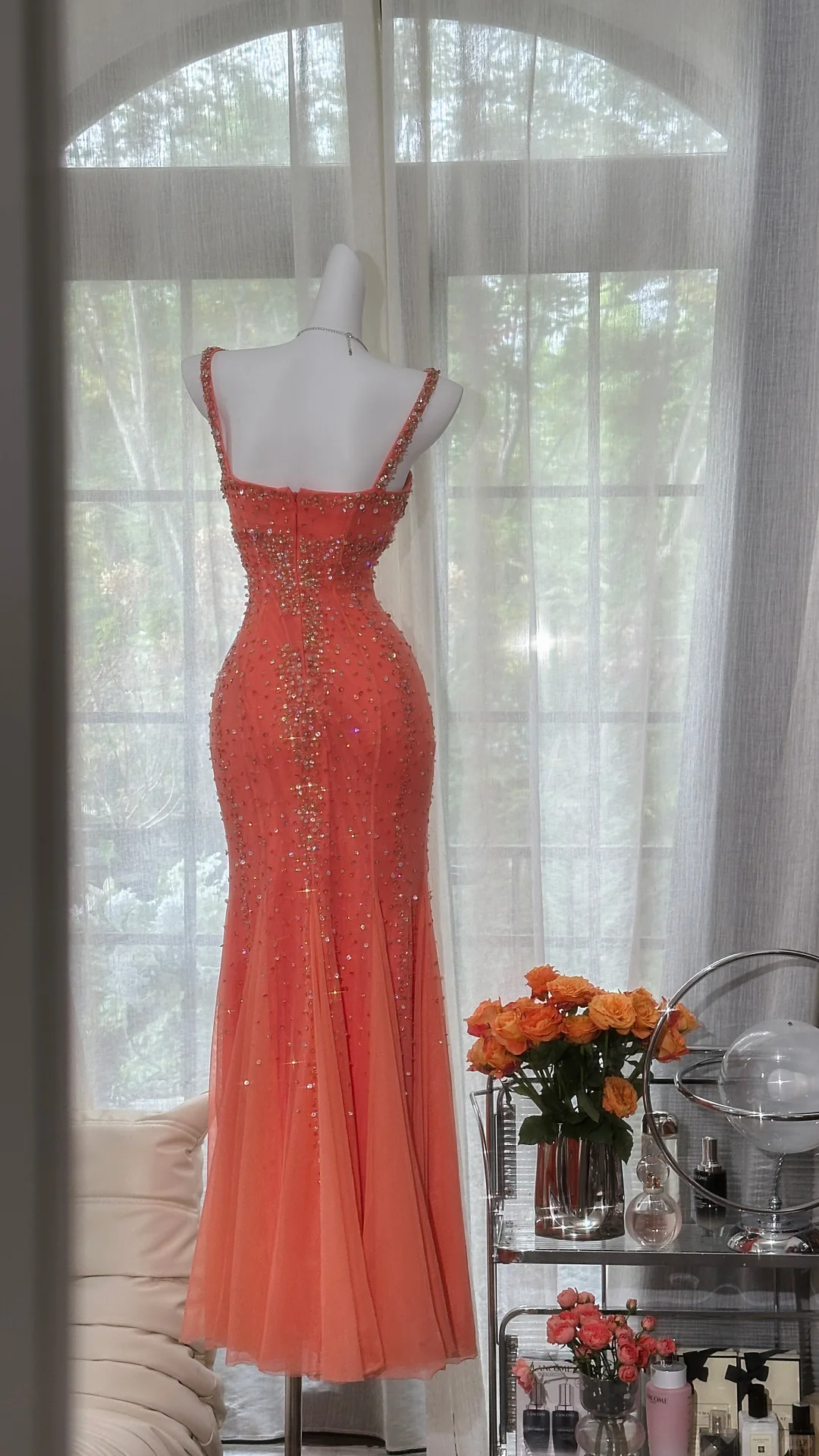 Sparkly Spaghetti Straps Orange Chiffon Beaded Mermaid Evening Dress Long Party Dress