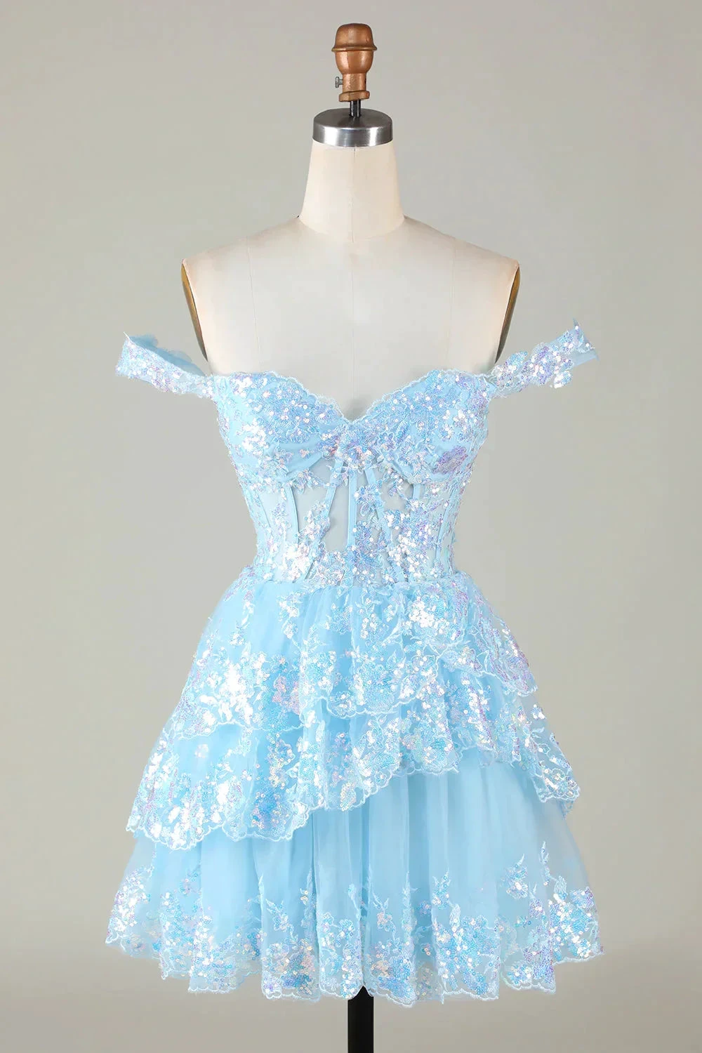 Sparkly Blue Corset Tiered Lace A-Line Short Homecoming Dress Y4083 by simplepromdress