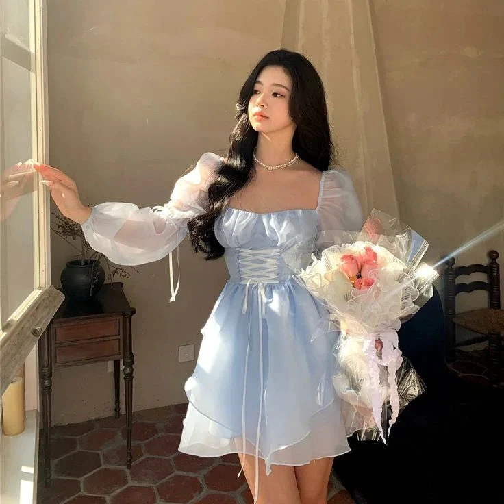Blue A-line Princess Dress Blue Long Sleeves Homecoming Dress Blue Fairy Dress (ZD11404)