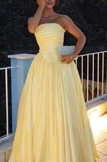 Fashion Strapless Yellow Satin Pleated A-Line Long Wedding Guest Dress Evening Dress - View 2 | FashionDia