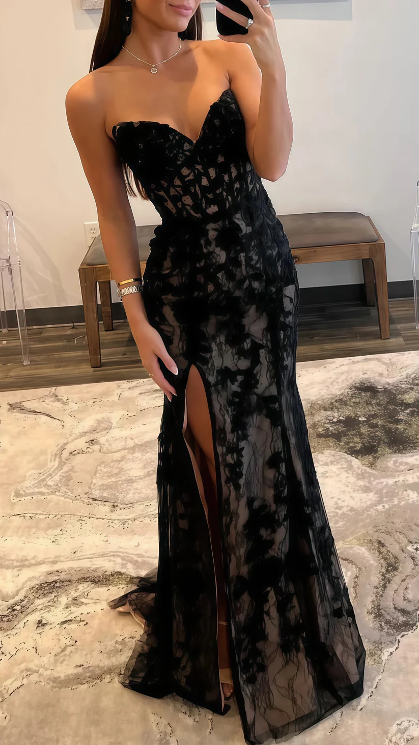 Black Evening Dress Sexy Strapless Sweetheart Lace Slit Mermaid Prom Dress Y8017 - View 4 | VelvetHem