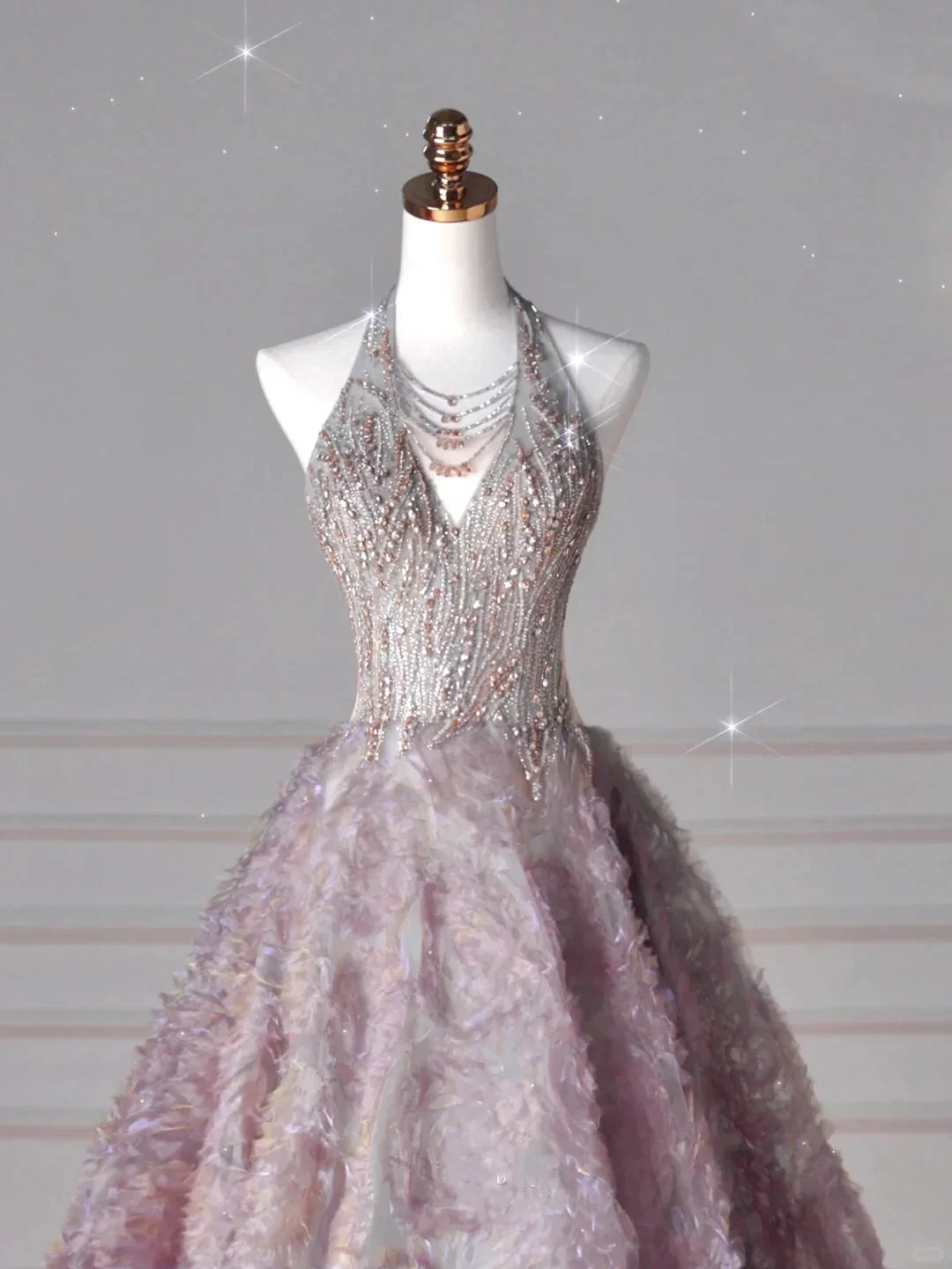 Glamorous Halter Purple Tulle Flowers Beaded Prom Dress,A Line Evening Dress Wedding Dress (ZD13759)