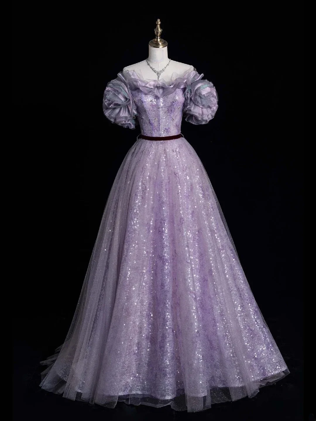 Charming Ball Gown Off The Shoulder Lilac Sequin Tulle Long Prom Dresses Evening Dress D4844