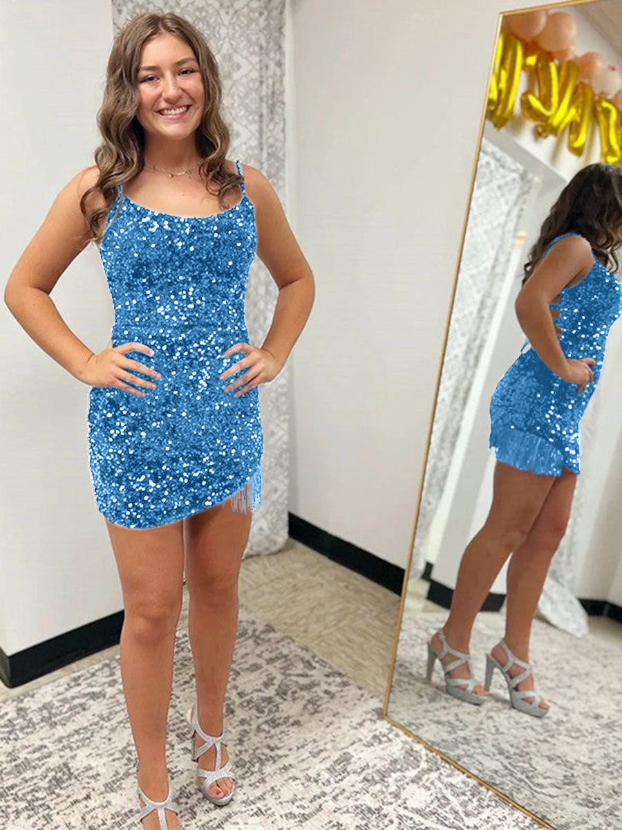 Fitted Spaghetti Straps Short Sequin Homecoming Dress
