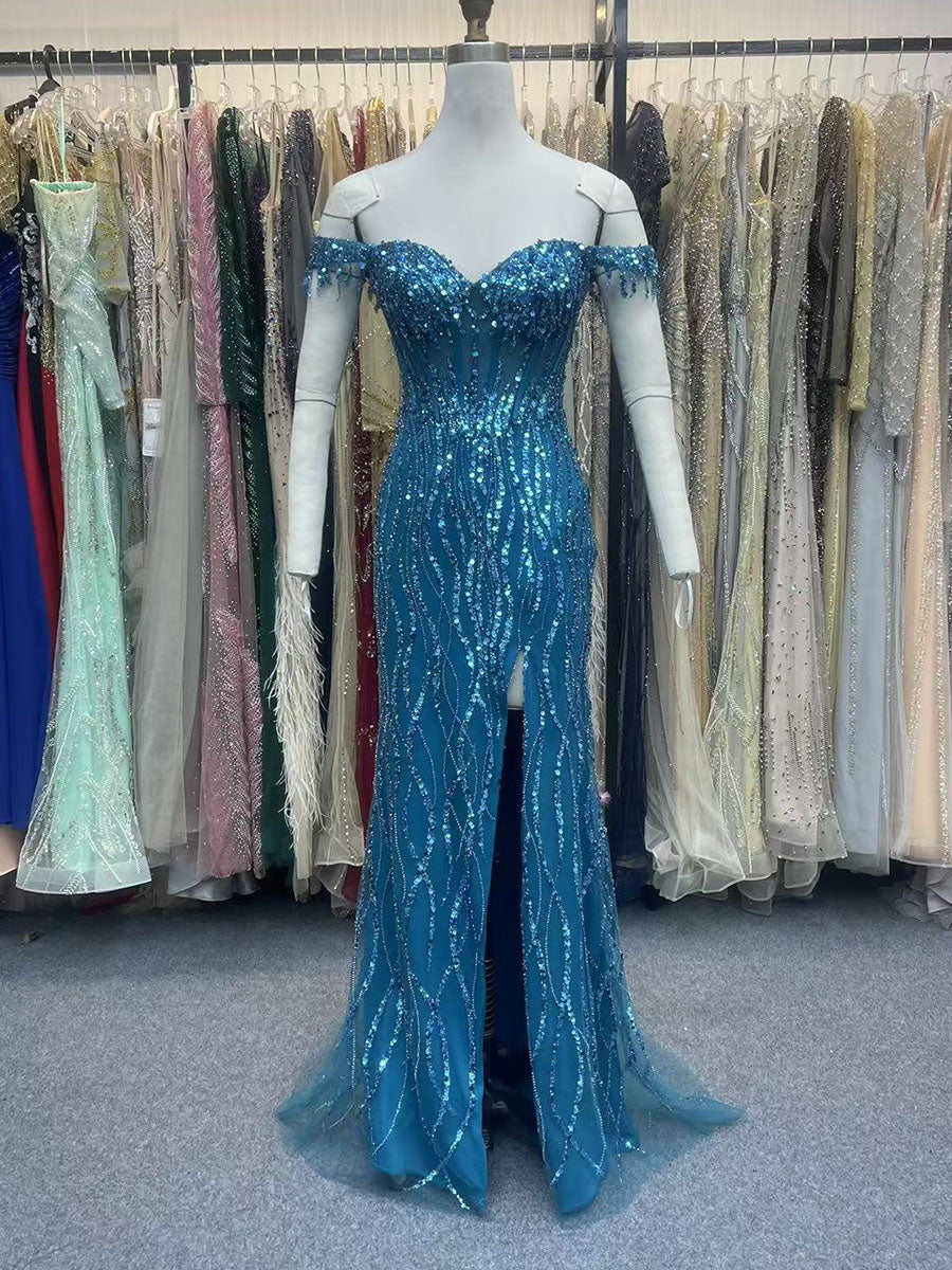 Ocean Blue Off The Shoulder Sequin Long Prom Dress