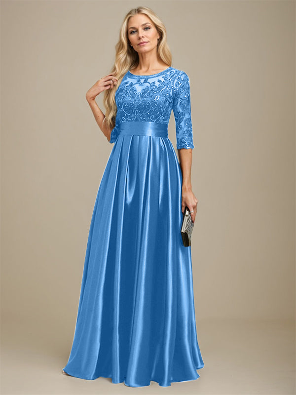 A-line Scoop Illusion Floor-Length Stretch Satin Lace Mother of the Bride Dress With Bow Sequins