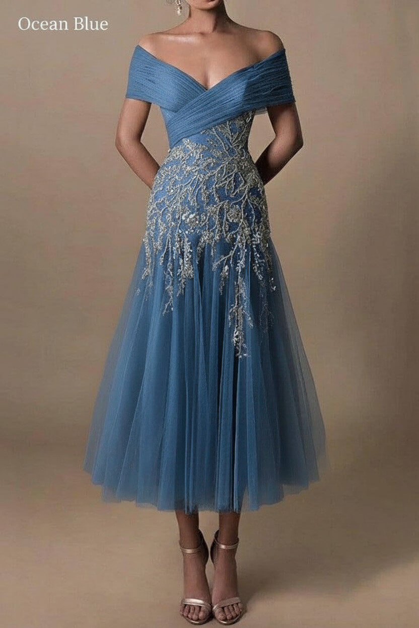 Gorgeous Short Long Off-the-Shoulder Beadings Beach Bridal Dress With Lace