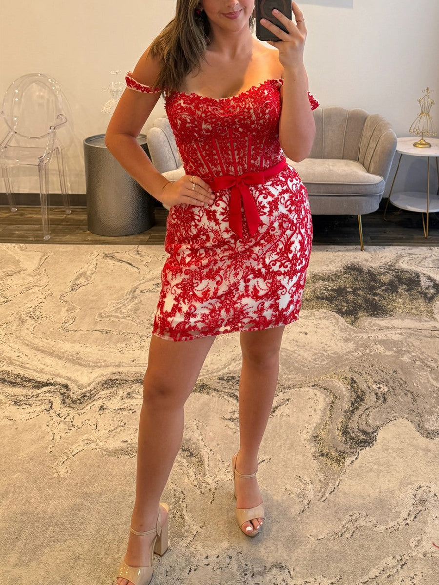Off-Shoulder Lace Bodycon Homecoming Dress with Bow