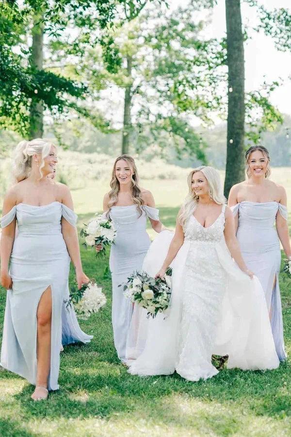 Off-Shoulder Pleated Light Blue Long Bridesmaid Dress with Split BD142 by pgmdress