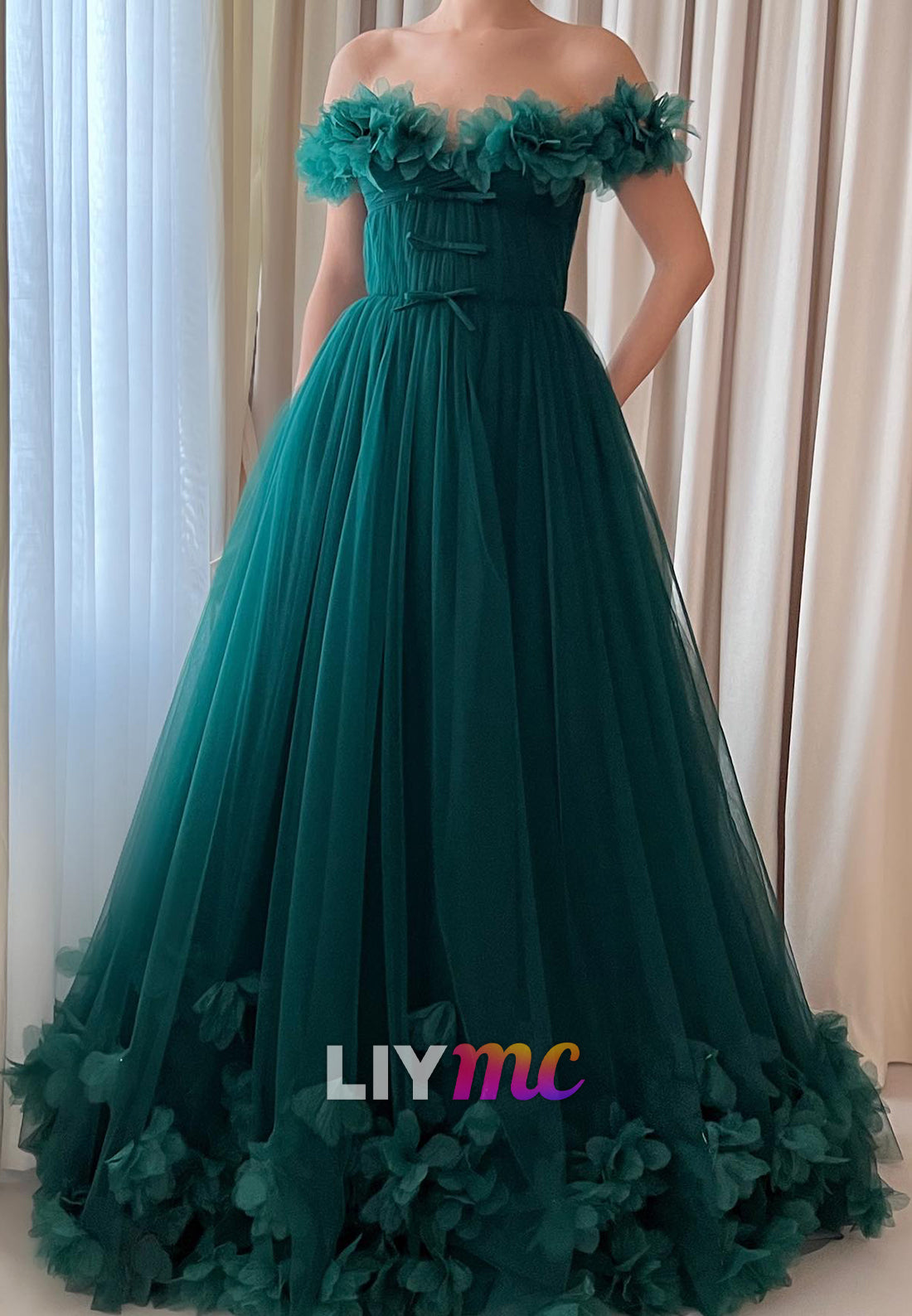 Off-Shoulder Strapless Floral Tulle Prom Dress A-Line Party Dress