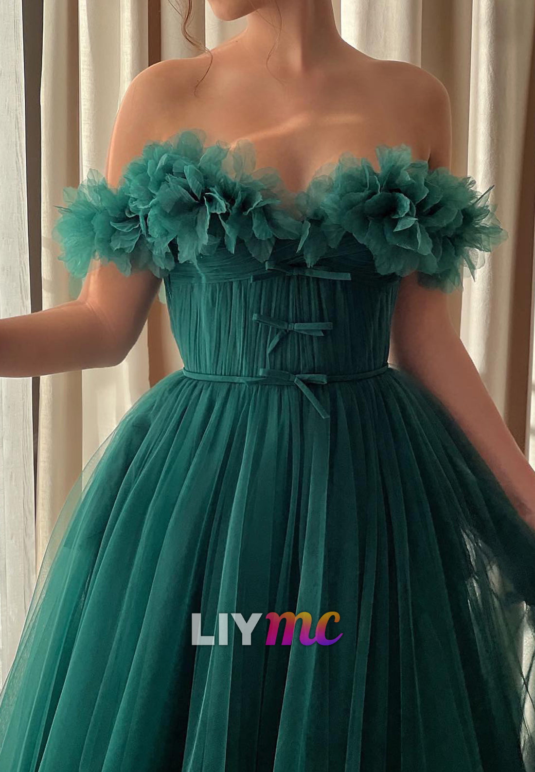 Off-Shoulder Strapless Floral Tulle Prom Dress A-Line Party Dress