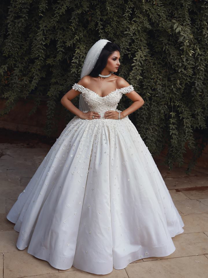 Off The Shoulder Beads Appliques Wedding Dresses  | Princess Sexy Ball Gown Royal Wedding Dress