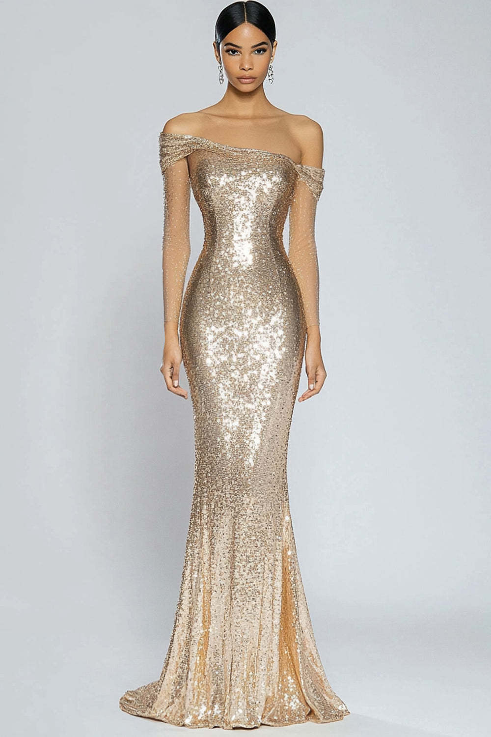 Off The Shoulder Champagne Wedding Guest Dress Mermaid Off The Shoulder Long Formal Dress