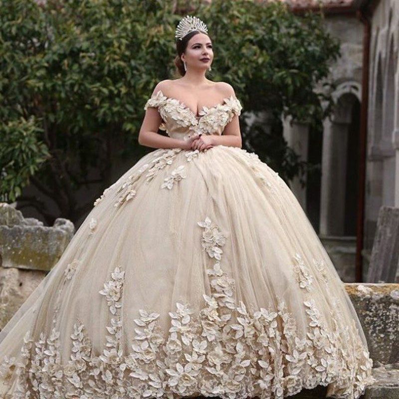 Off The Shoulder Flowers Gorgeous Wedding Dress  Puffy Tulle Beaded Crystals Ball Gown Princess  Bride Dress