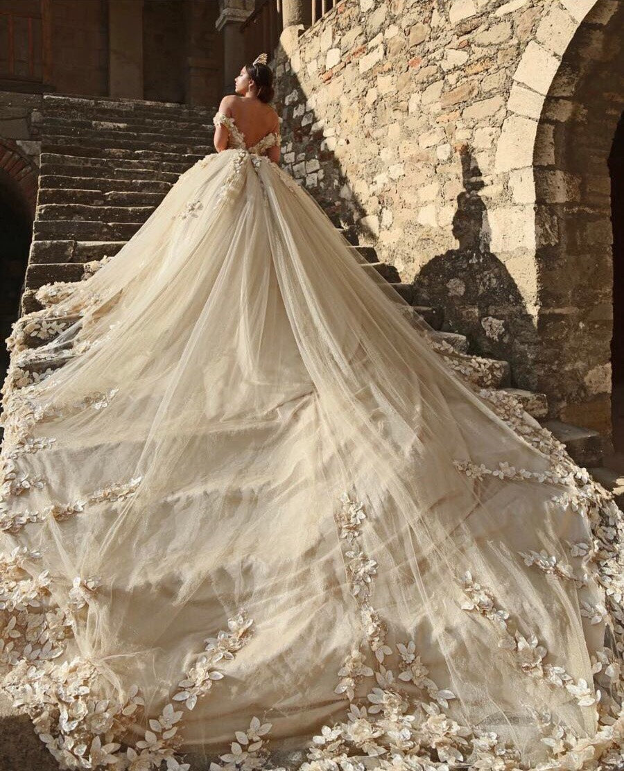 Off The Shoulder Flowers Gorgeous Wedding Dress  Puffy Tulle Beaded Crystals Ball Gown Princess  Bride Dress