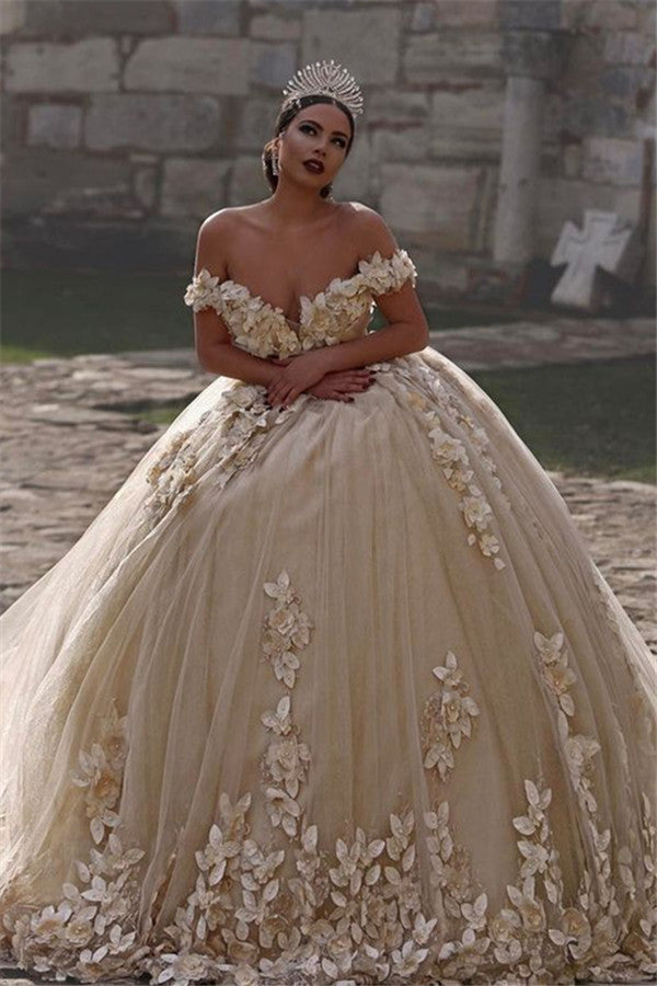 Off The Shoulder Flowers Gorgeous Wedding Dress  Puffy Tulle Beaded Crystals Ball Gown Princess  Bride Dress