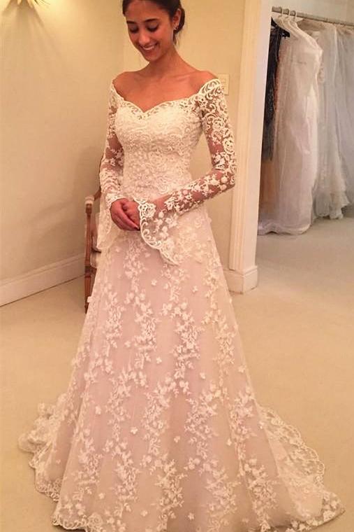 Off The Shoulder Lace Wedding Dresses with Sleeves | Bell Sleeve Elegant Bride Dress