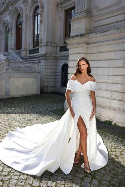 Off The Shoulder Stain Split Front Mermaid Princess Wedding Dress with Ruffles (ZD15723)