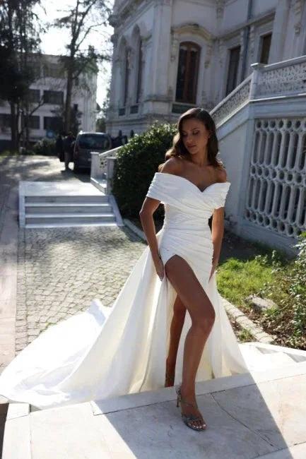 Off The Shoulder Stain Split Front Mermaid Princess Wedding Dress with Ruffles (ZD15723)