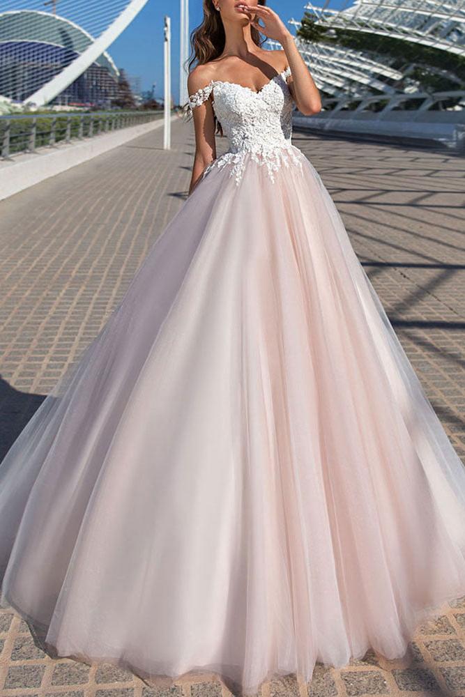Off The Shoulder Tulle Lace Pearl Pink  A-Line Wedding Dresses Long