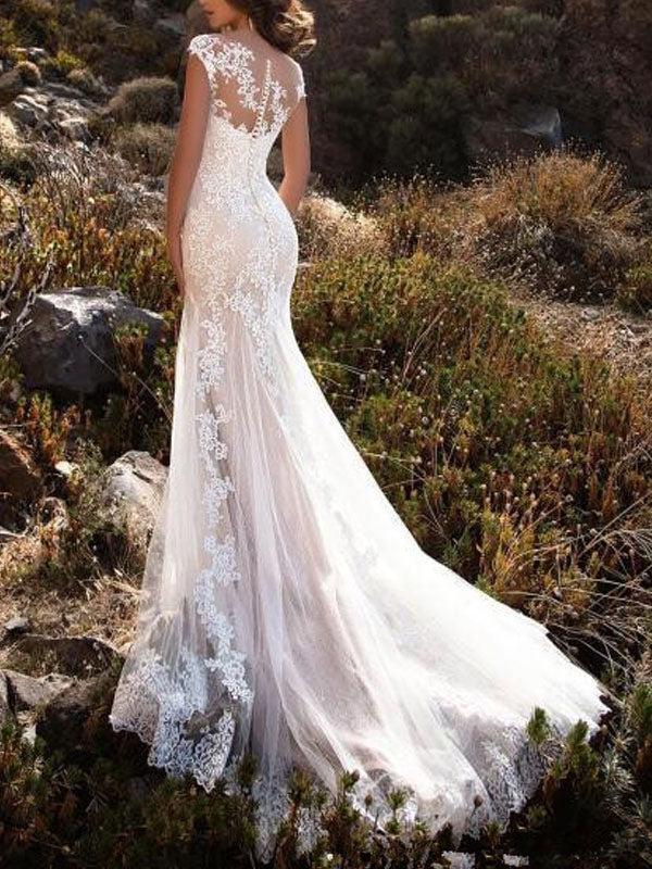 Off The Shoulder Tulle V Neck Lace Mermaid Beach Wedding Dresses