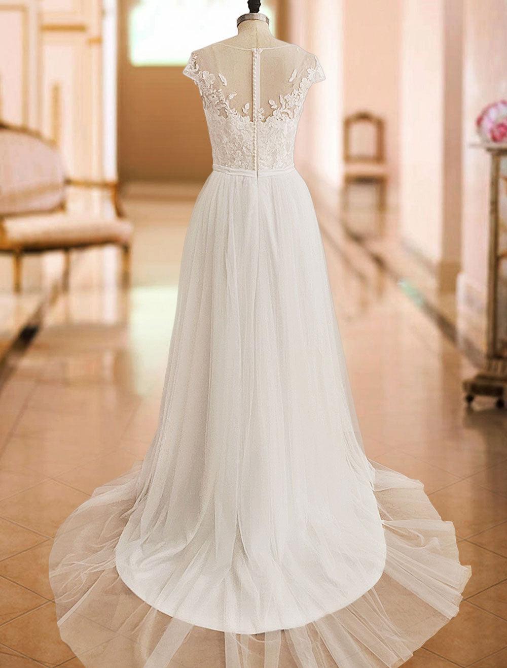Off The Shoulder Tulle White Lace Split A-Line Beach Wedding Dresses