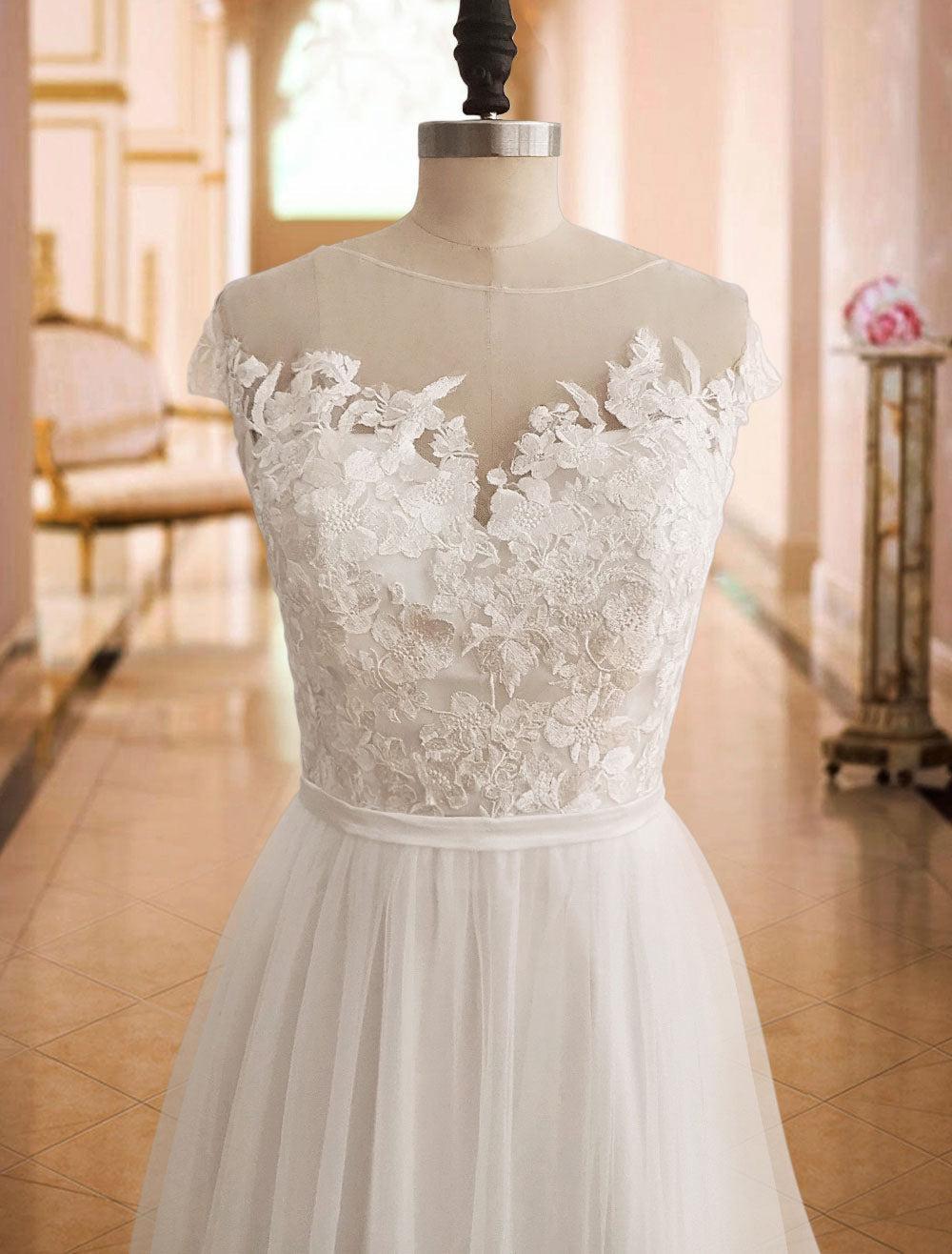 Off The Shoulder Tulle White Lace Split A-Line Beach Wedding Dresses