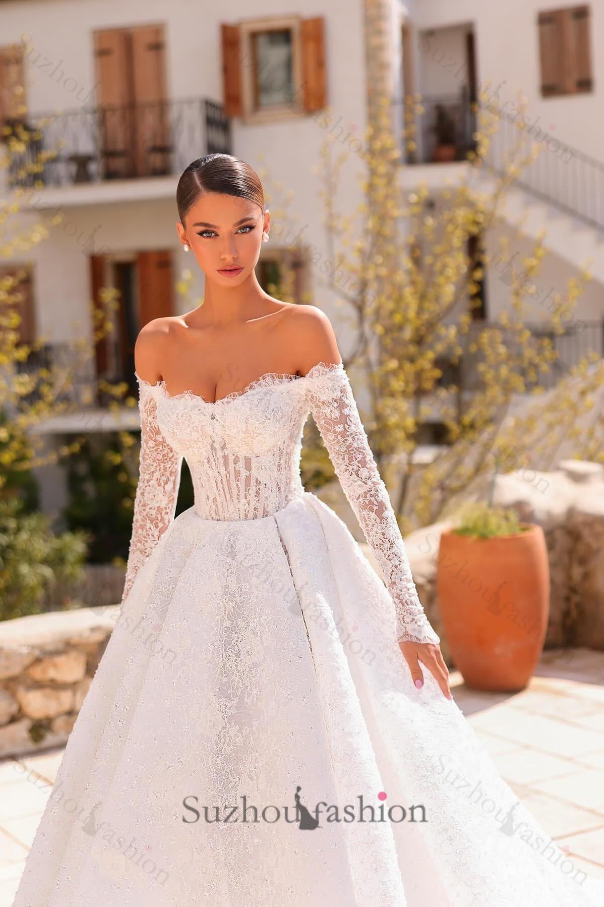 Off The Shoulder Wedding Dress Ball Gown Beaded Lace Appliques Bridal Gown