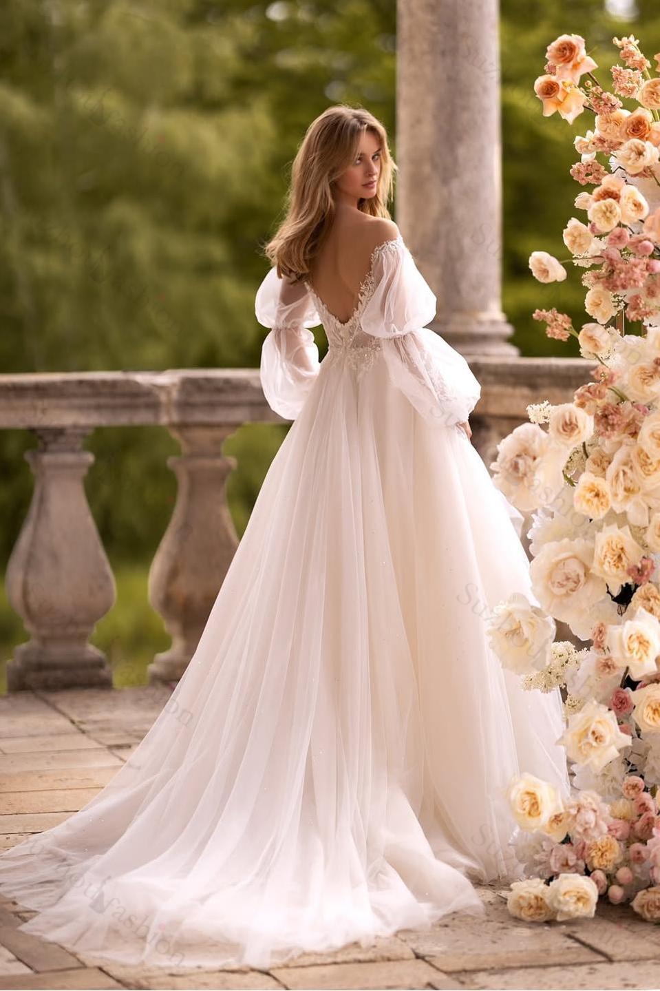 Off the Shoulder Long Sleeve Wedding Dress A Line Bridal Gown With Appliques