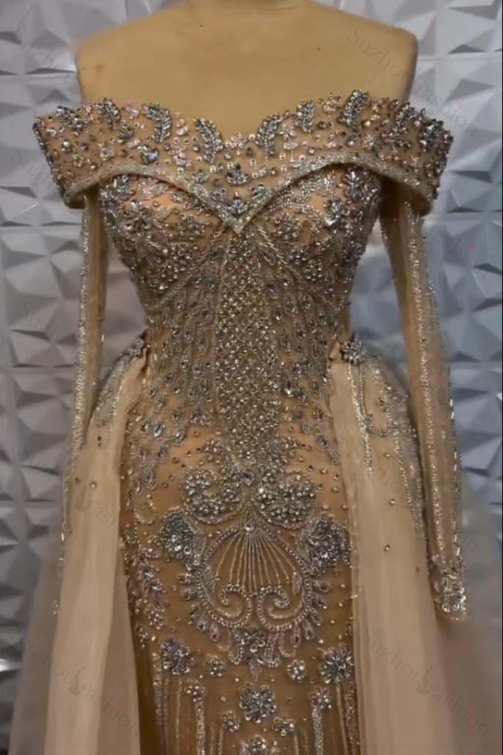Off the Shoulder Long Sleeves Long Evening Formal Dress With Beading Tulle