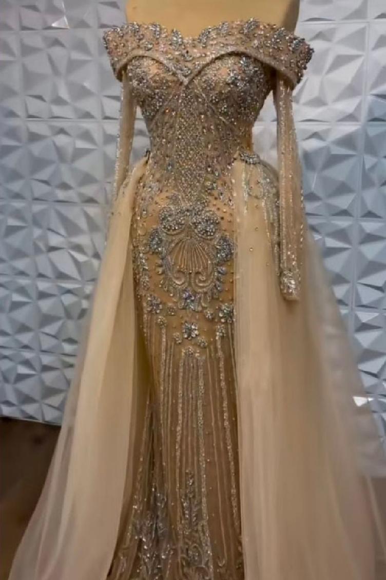 Off the Shoulder Long Sleeves Long Evening Formal Dress With Beading Tulle